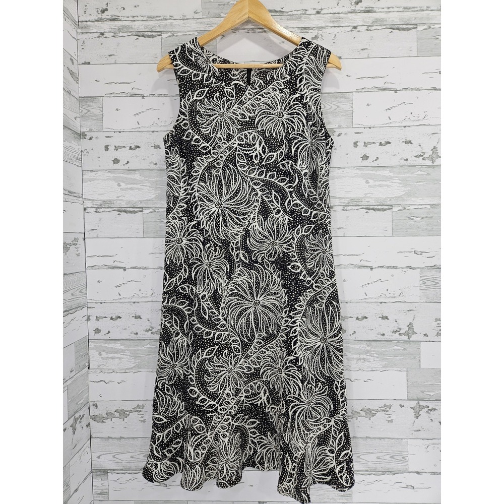 Kim Rogers Women 10 100% Linen Shift Dress Ruffle Hem Black White Floral